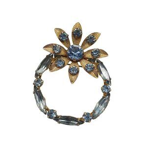 Vintage Gold Tone Brooch With Blue Rhinestones In Floral Design